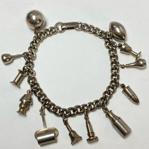 Enco Vintage Retro Silver Tone Chain Link Charm Bracelet Football Baseball Wine